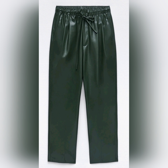 NWOT Zara Women's The Weekend Pants Faux Green Leather Drawstring Size Small - Picture 6 of 11